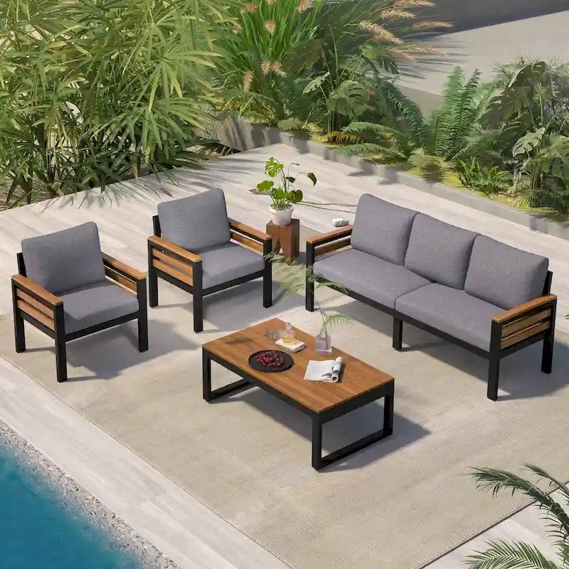 4-Piece Outdoor Sofa Set for 5 with Solid Wood Coffee Table and Removable Cushions