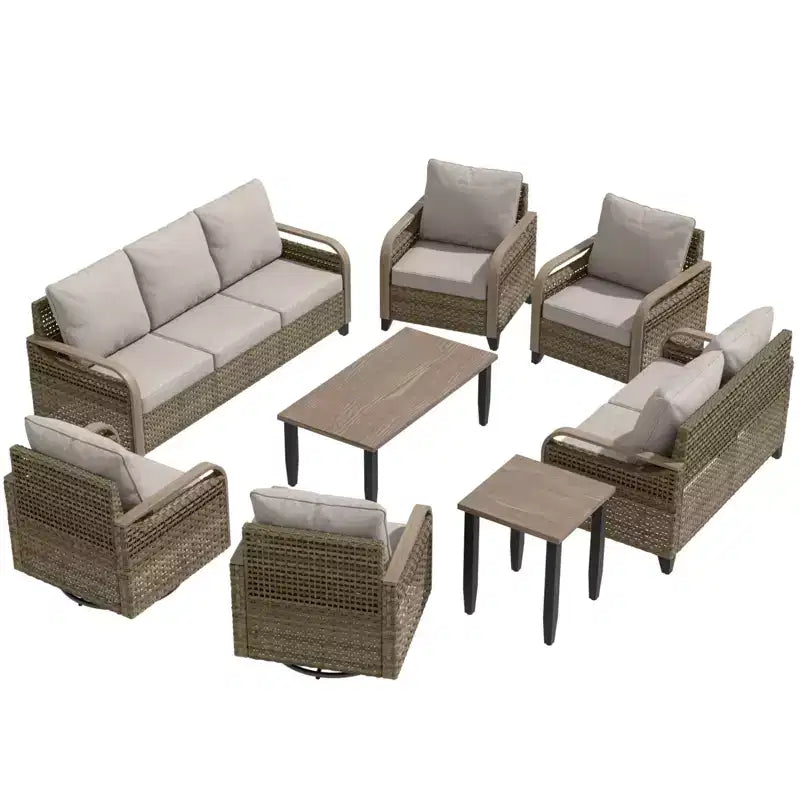 EAGLE PEAK Ensemble de conversation d'extérieur en osier pour patio, chaises pivotantes à bascule, canapé 3 places, causeuse, table, 8 pièces
