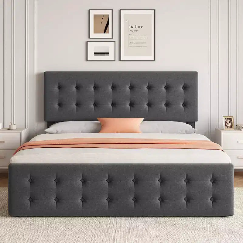 Storage Bed Frame with 4 Drawers & Adjustable Headboard - Upholstered Platform Bed