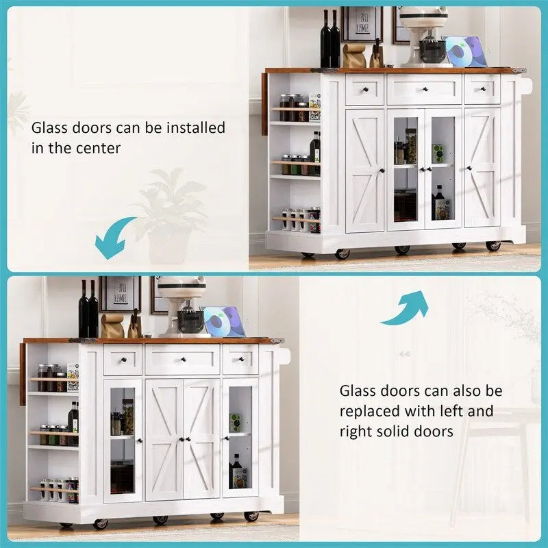 Kitchen Island w/Drop Leaf, 3 Drawers & 5 Open Side Racks, Rolling Kitchen Cart w/ 2 Tempered Glass Cabinet Doors & Power Outlet