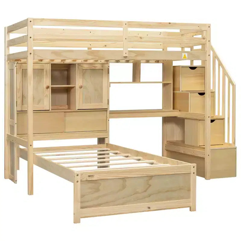 Wood Twin Size Bunk Bed with Desk and Staircase, L-Shaped Twin over Twin Loft Bed with Storage Compartments and Shelves