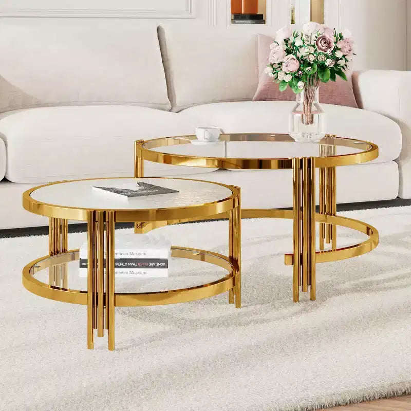 Whisen Modern 2 - Piece Gold Finish with Textured Glass Coffee Table Set, Nesting Coffee Table with Tempered Glass - Transparent & Gold