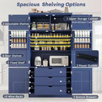 Tall Kitchen Pantry Cabinet with Power Outlets, Large Freestanding Cupboard with Microwave Stand, Drawers, Shelves, Wine Racks & Door-Shelf