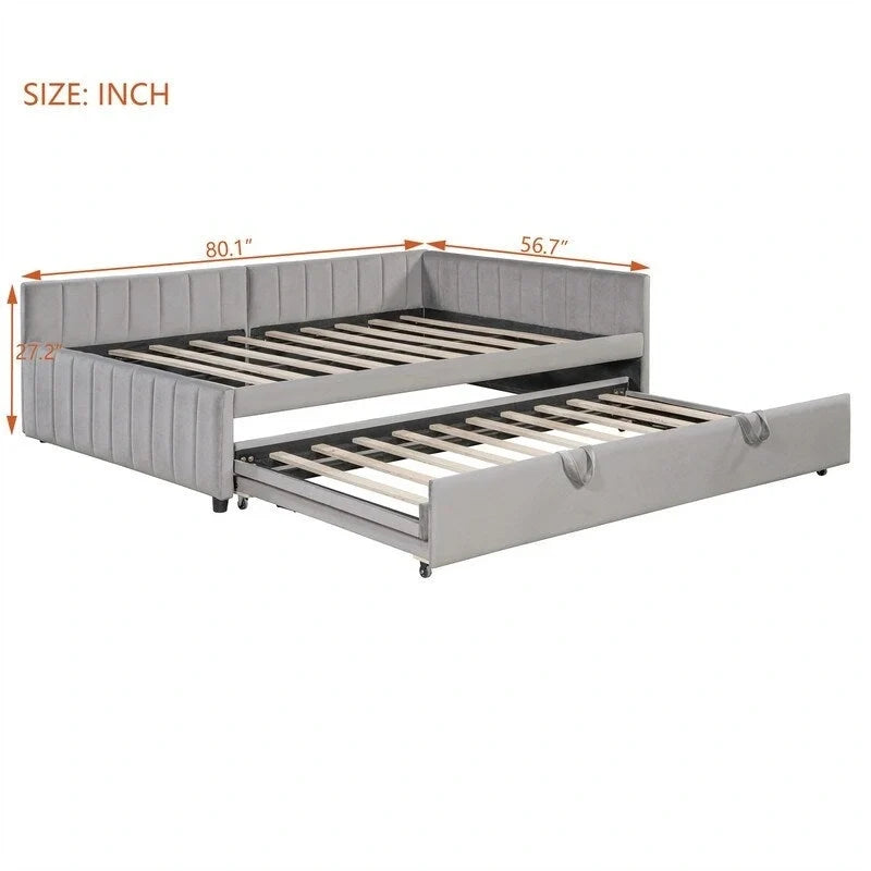 Upholstered Daybed with Twin Size Pop Up Trundle, Full Size Daybed Frame Sofa Bed with L-Shaped Backrest and Striped Design