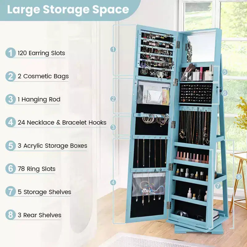 Costway Armoire à bijoux rotative à 360° 2-en-1 Organiseur miroir verrouillable Blanc/Noir/Marron foncé/Gris/Bleu/Rose/Violet/Gris foncé