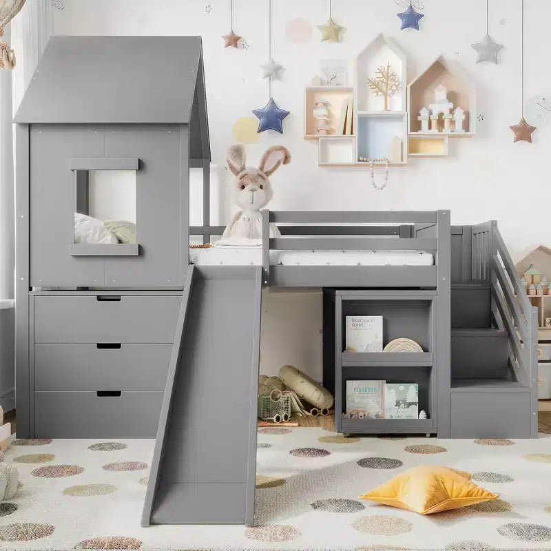 Letto a soppalco singolo con 3 cassetti e scala contenitore, struttura a casetta in legno con scivolo e scrivania rimovibile
