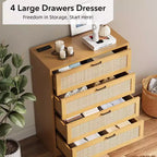 Zstar Modern Tall Rattan 4 Drawer Dresser or Living Room, Hallway, Entryway, Bedroom