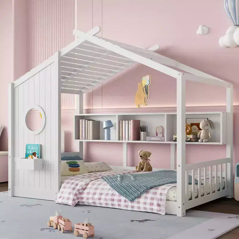 Floor House Bed with Built-In Storage Shelves & Slatted Roof
