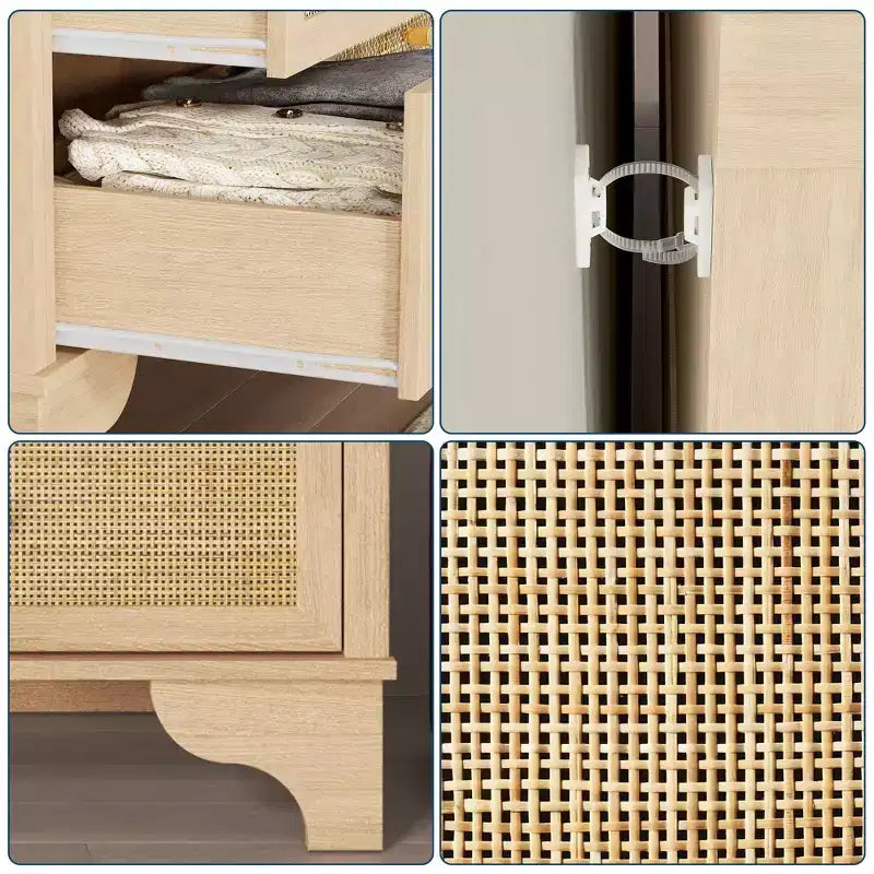 7 Drawer Dresser for Bedroom, 47.3 Wide Natural Rattan Chest of Drawers, Wood Boho Clothing Storage Organizer, for Living Room