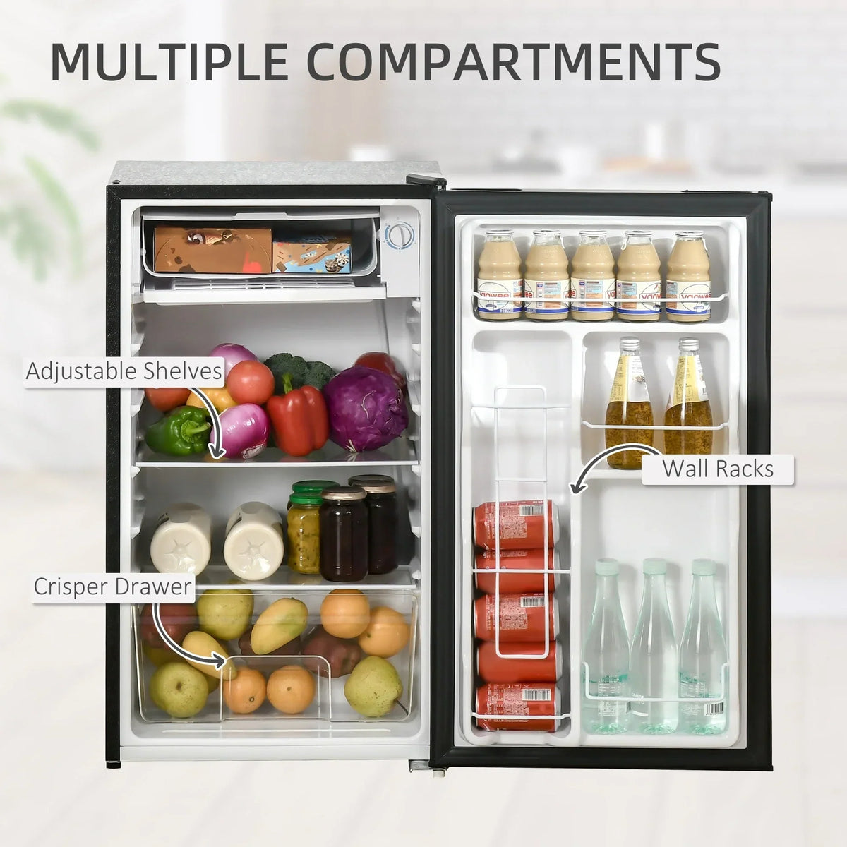 3.2 Cu.Ft Mini Fridge with Freezer, Single Door Compact Refrigerator with Adjustable Thermostat for Bedroom