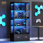 Skyzoo 5-Tier Glass Display Cabinet with LED Lights & Adjustable Shelves & 2 Drawers, Curio Cabinet for Home & Office
