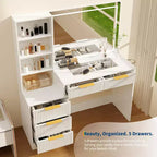 Vanity Desk with Mirror, 5 Drawers Glass Top Hairdryer Rack Wave Texture Makeup Table for Bedroom