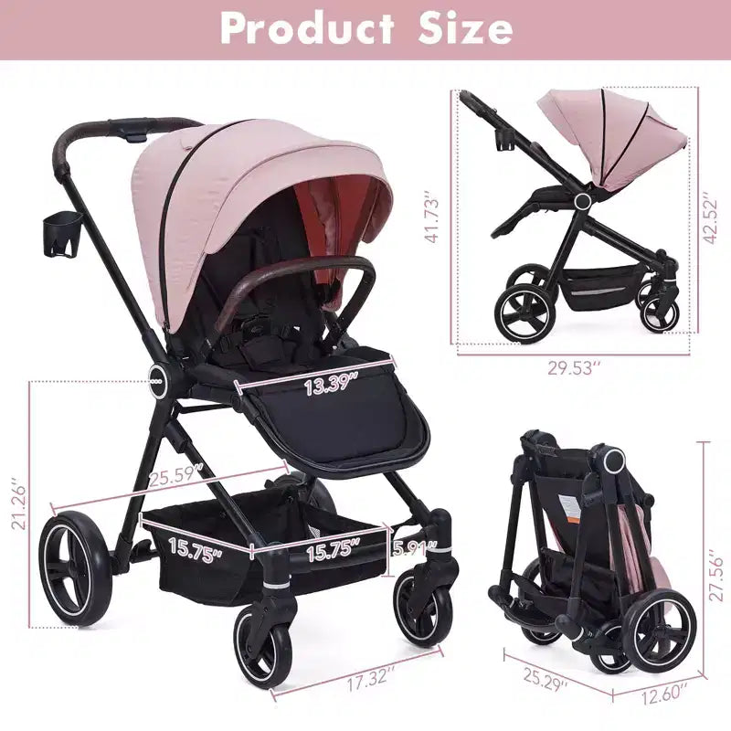 Baby Stroller, Foldable Stroller - High Landscape Pushchair for Newborn & Toddler, Convertible Pram with Reversible Backrest