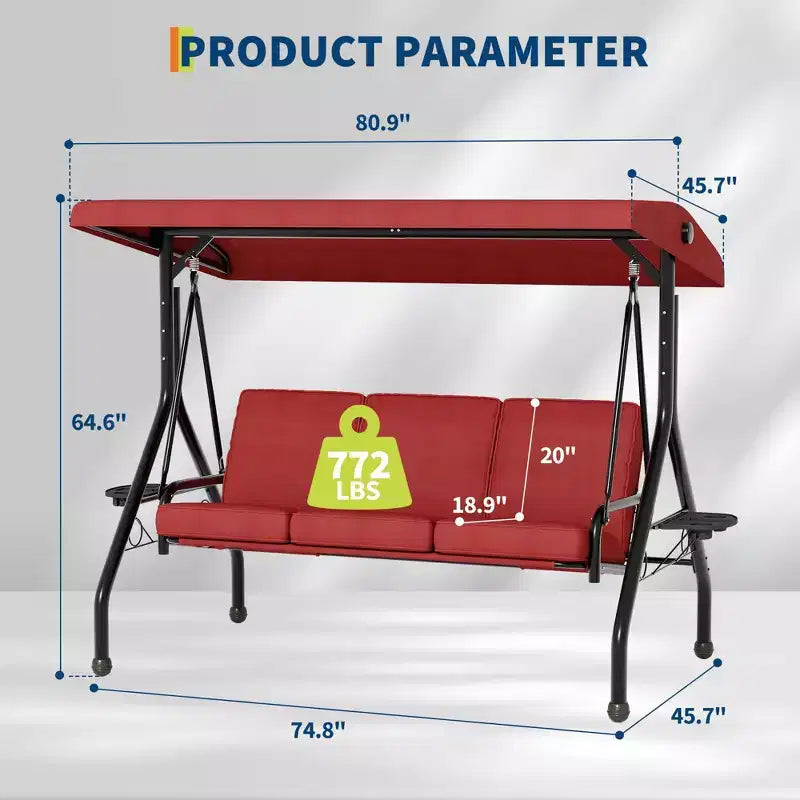 3 Seat Outdoor Porch Swing, 2-in-1 Patio Swing Chair, Thickened Removable Cushions, Adjustable Canopy, Weather Resistant Steel Frame