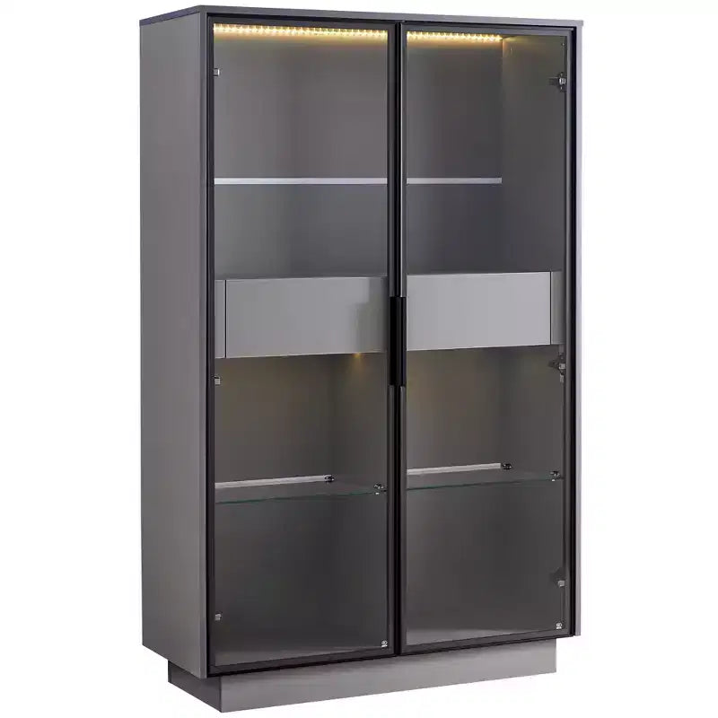 Lighted Display Cabinet LED Curio Cabinet Storage Cabinet with Tempered Glass Door, 2 Drawers, Adjustable Shelves, Modern Minimalist, Gray-ModernLuxe