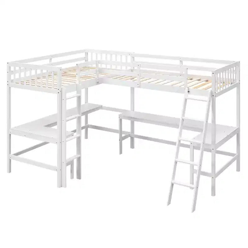 119''L 79.5''W Wood Twin Size L-Shaped Loft Bed with Ladder and 2 Built-in L-Shaped Desks