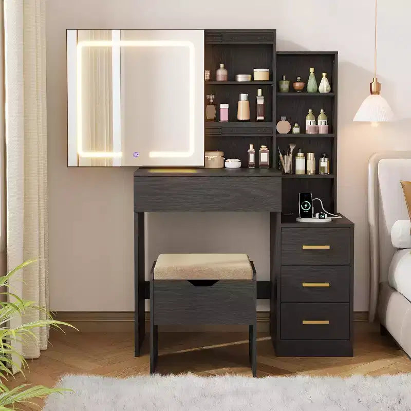 DobleePy Modern Vanity Desk with Sliding Mirror & LED Lights, 4 Drawers, 7 Shelves, Charging Station & Stool, Makeup Dressing Table for Bedroom