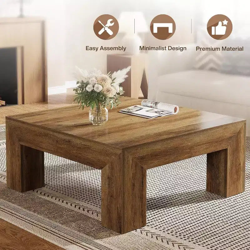 Table basse carrée Lantine de 99 cm pour salon, table basse d'appoint style ferme avec pieds en bois robustes, montage facile