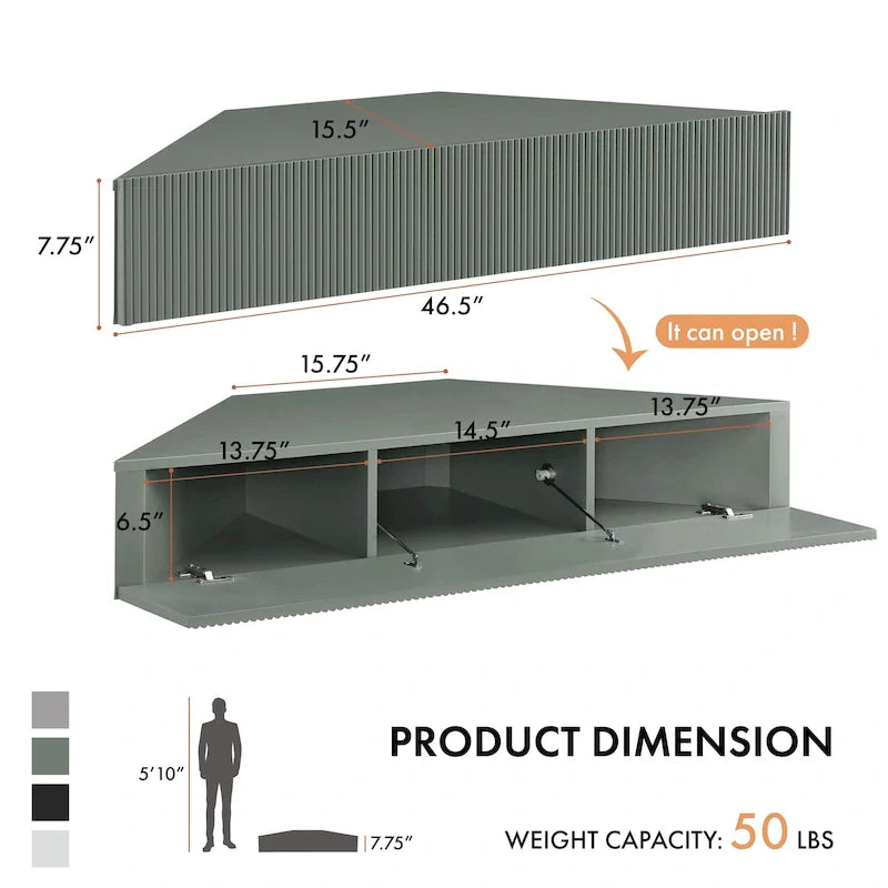 47 Corner Floating TV Stand, 3 Shelves, Transitional Style, Space-Saving Wall Mount