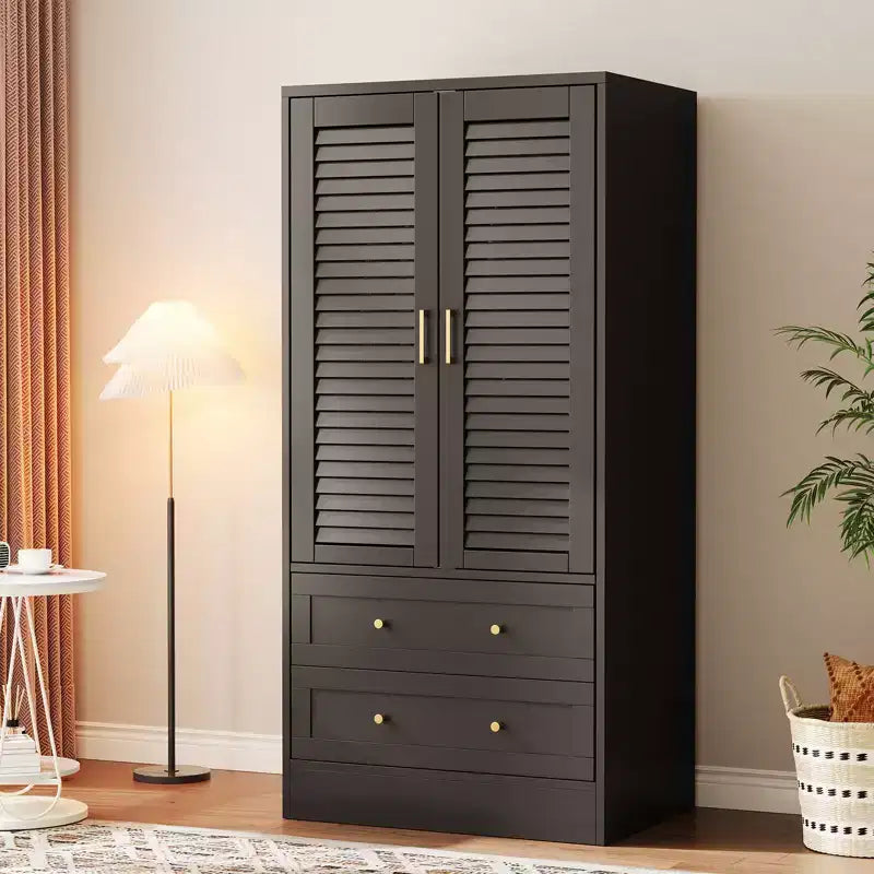 Armoire à persiennes GustoWave 65, Placard en bois avec 2 portes et 2 tiroirs, Rangement avec tringle à suspendre pour chambre à coucher