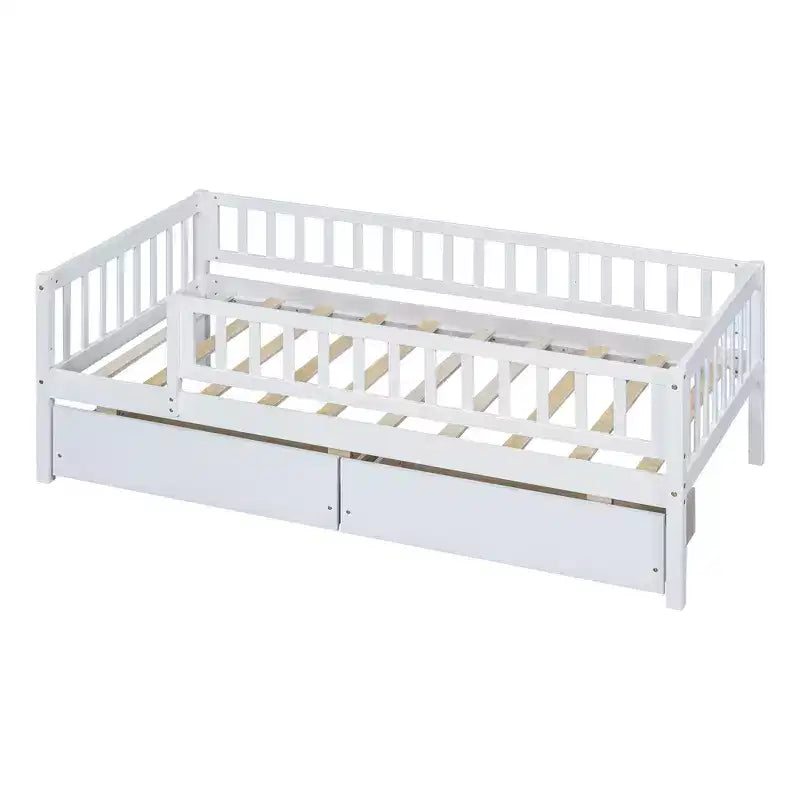 Twin Size Low Daybed with Storage Drawers, Wood Twin Platform Bed Frame with Rails for Boys and Girls Bedroom