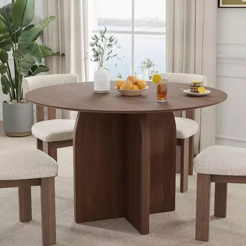 PexFix 45 x45 Solid Wood Round Dining Table with Walnut Finish and Elegant Arched Legs for Modern Dining Rooms & Kitchens