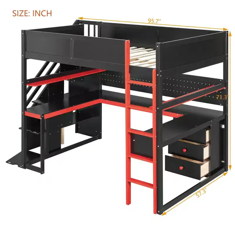 GDFStudio Scott Wooden Gaming Loft Bed with Storage Stairs, Desk, Shelves & Pegboard