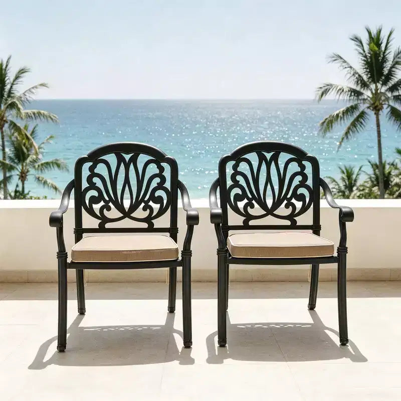 Set of 2 Cast Aluminum Patio Dining Chairs, Black Rust Resistant Frame with Water Resistant Cushions