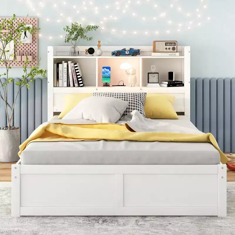 Full Storage Platform Bed with Trundle, Bookcase Headboard and Charging Station, Wooden Full Size Bed Frame with Shelves and Drawers