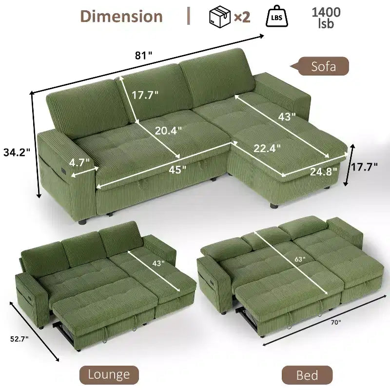 Canapé-lit convertible, canapé-lit en forme de L de 81 po avec méridienne de rangement réversible/port USB/poche latérale/assemblage sans outils, velours côtelé beige