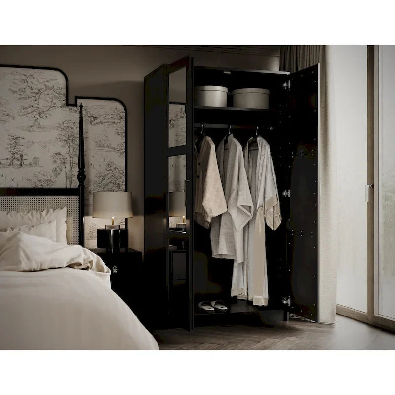 100% Solid Wood 2-Door Urban Wardrobe Armoire with Solid and Mirrored Doors