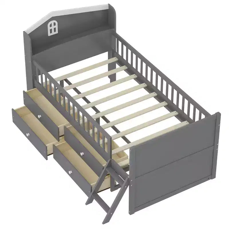 Whisen Twin Wooden Bed Frame, Platform Bed Frame with Storage 4 Drawers, Guardrail Headboard and Ladder