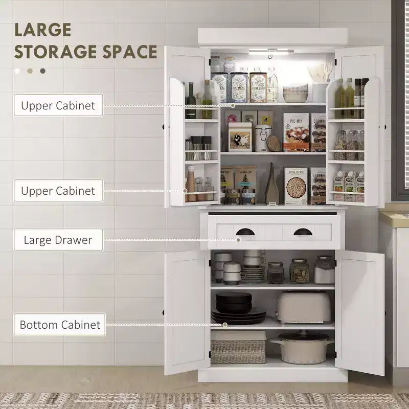 71 Kitchen Pantry Cabinet with LED Lights, 6 Door Shelves, a Drawer and 4 Adjustable Shelves