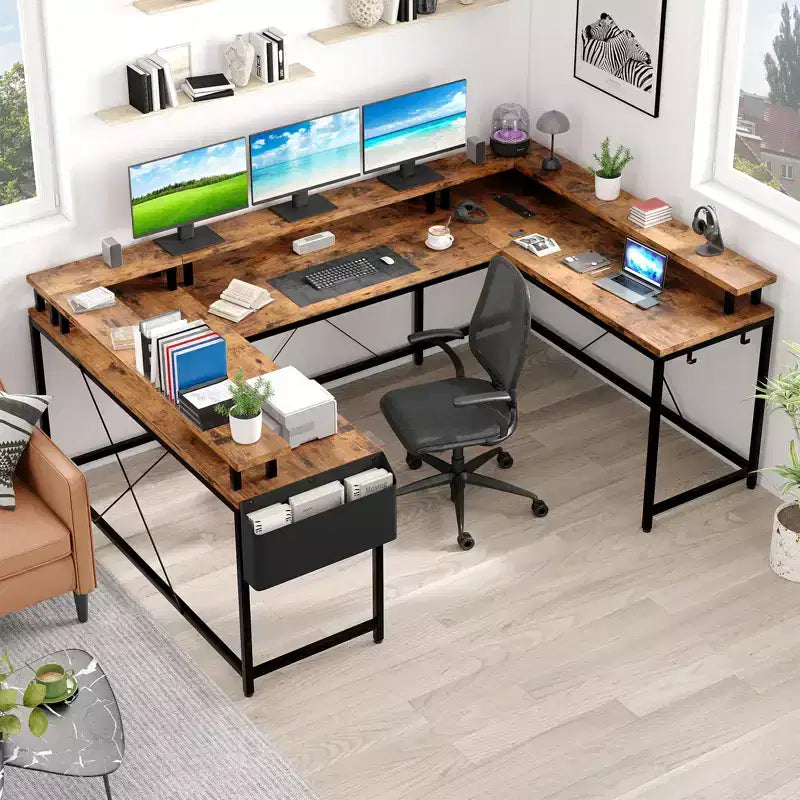 COZONY 78 U/L Shaped Gaming Desk, Reversible Computer Desk with Power Outlets, LED Lights, Monitor Stand & Storage Shelf, Corner Desk for Home Office