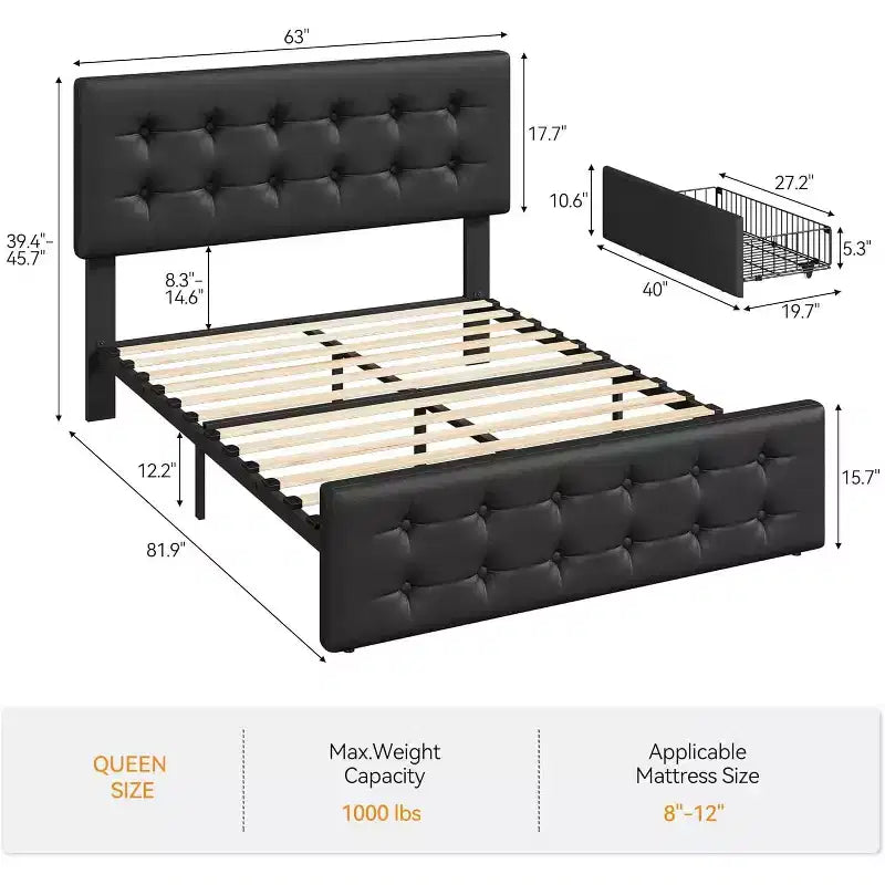 Storage Bed Frame with 4 Drawers & Adjustable Headboard - Upholstered Platform Bed