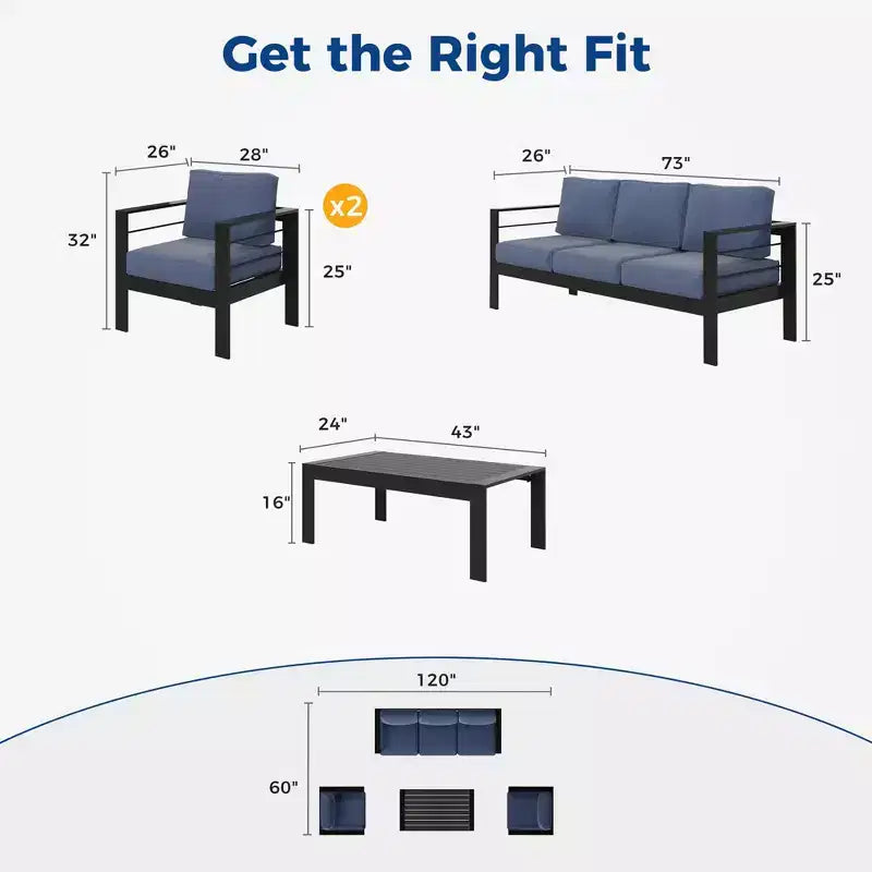 Heynemo Aluminum Outdoor Patio Furniture Set, 4 Pcs Modern Outdoor Conversation Set Sectional Sofa with Cushion and Coffee Table for Balcony