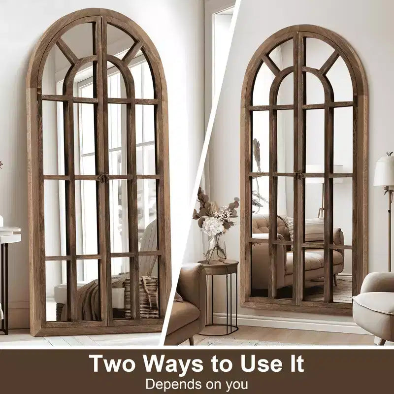 Full-Length Wall Mirror, Solid Wood Grid Arch Design, Openable, No Stand