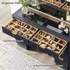 48 Fluted Makeup Vanity Desk with Mirror and Lights, Modern Vanity Table with 8 Drawers & Charging Station, Vanity Desk with Glass Top
