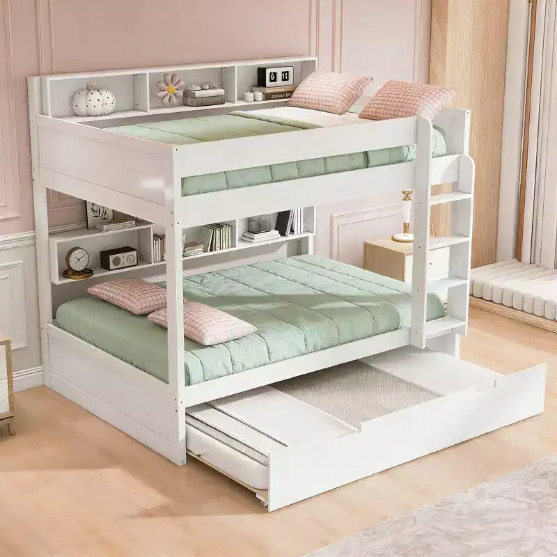 Luxystar Modern Full over Full Bunk Bed with Shelves and Trundle