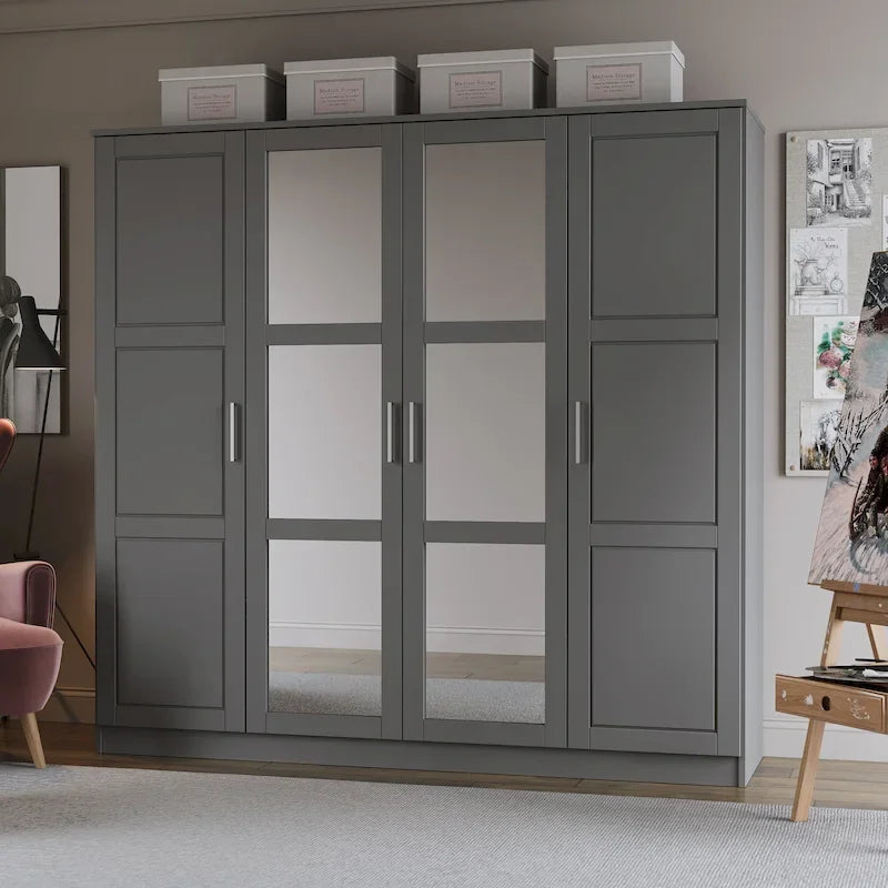 100% Solid Wood  4-Door Wardrobe with Solid Wood or Mirrored Doors