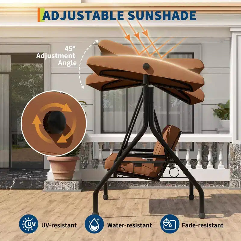 3 Seat Outdoor Porch Swing, 2-in-1 Patio Swing Chair, Thickened Removable Cushions, Adjustable Canopy, Weather Resistant Steel Frame