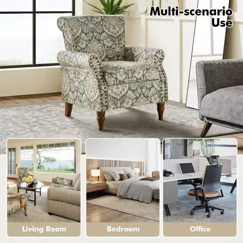 Araceli Traditional Wooden Upholstered Floral Armchair with Wingback and Nailhead Trim| ART OF LIVING DESIGNS