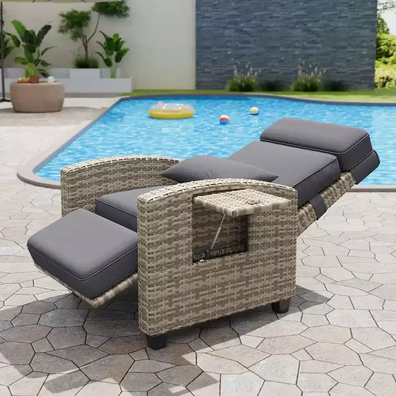 Outdoor Wicker Lounge, Adjustable 150 Reclining Rattan Patio Chair, All-Weather PE Wicker, invert-Up Side Table, Footrest, for Garden, Lawn