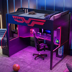 Full Gaming Loft Bed with Desk and LED Light, Wood Full Size Stairway High Loft Bed and Storage Staircase and USB, Red+Black