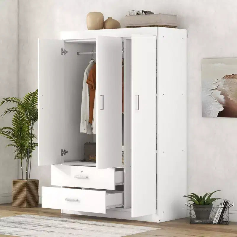 Whisen Wood 3-Door Wardrobe Armoire with Hanging Rod, 2-Drawers, and Storage Shelves