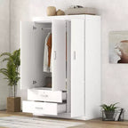 Whisen Wood 3-Door Wardrobe Armoire with Hanging Rod, 2-Drawers, and Storage Shelves