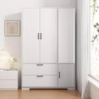 4 Doors White Wardrobe Closet with Mirror, LED Lights, 2 Drawers, Hanging Rod & Adjustable Shelves, Wooden Bedroom Storage Cabinet