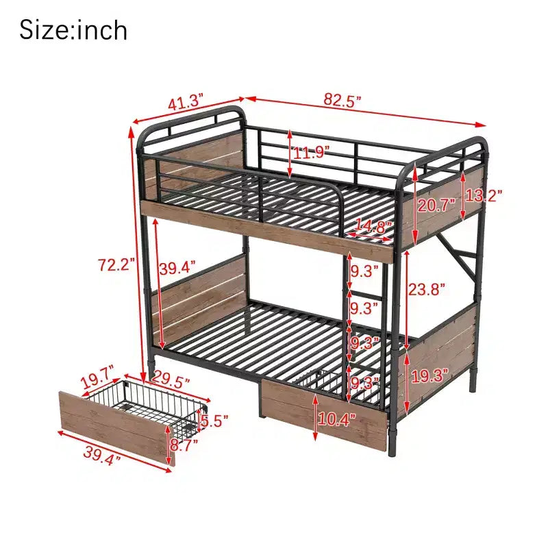 Twin XL over Twin XL Metal Bunk Bed Detachable Metal Bunk Bed with LED Light and Two Storage Drawers Black