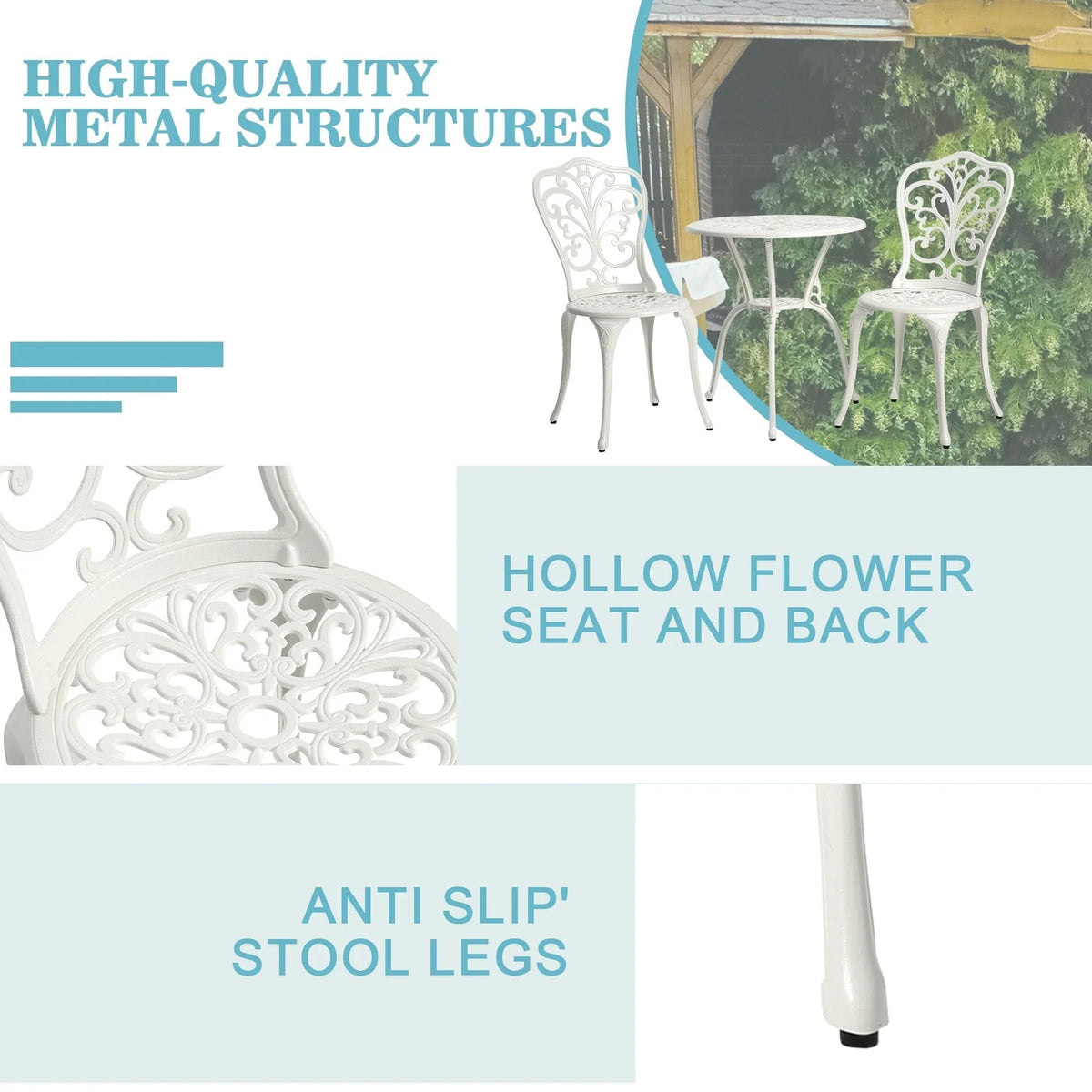 Ensemble de 3 pièces pour terrasse extérieure en aluminium avec table papillon, chaises et trou pour parasol