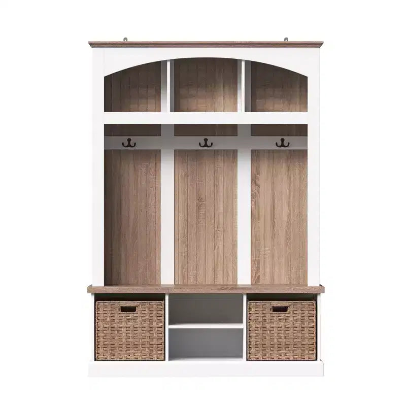 White and Oak Entryway Storage Bench with Hooks, Shelves, and 2 Woven Baskets Hall Tree